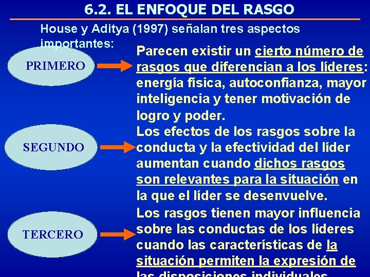 6. 2. EL ENFOQUE DEL RASGO House y Aditya (1997) señalan tres aspectos importantes: