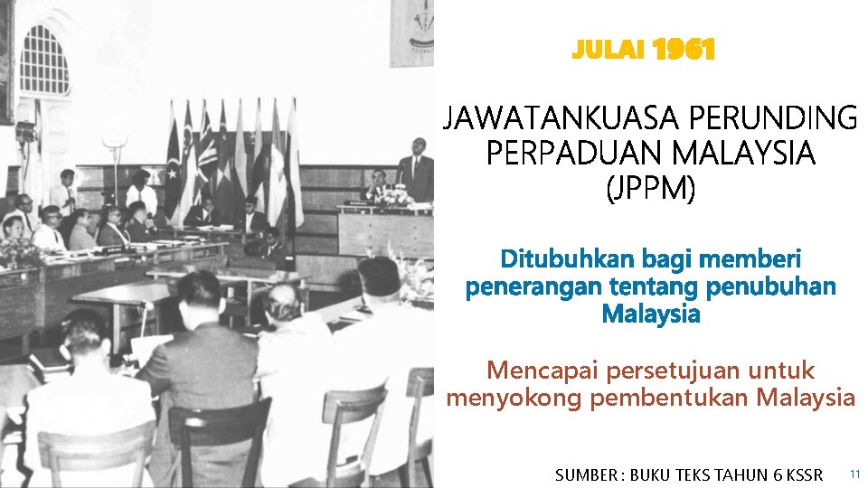 JULAI 1961 Mencapai persetujuan untuk menyokong pembentukan Malaysia SUMBER : BUKU TEKS TAHUN 6