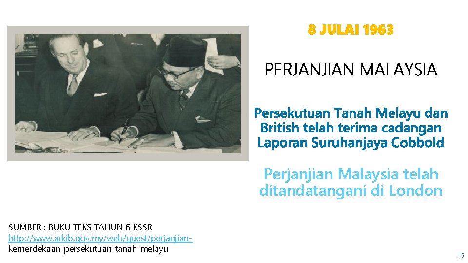 8 JULAI 1963 Perjanjian Malaysia telah ditandatangani di London SUMBER : BUKU TEKS TAHUN