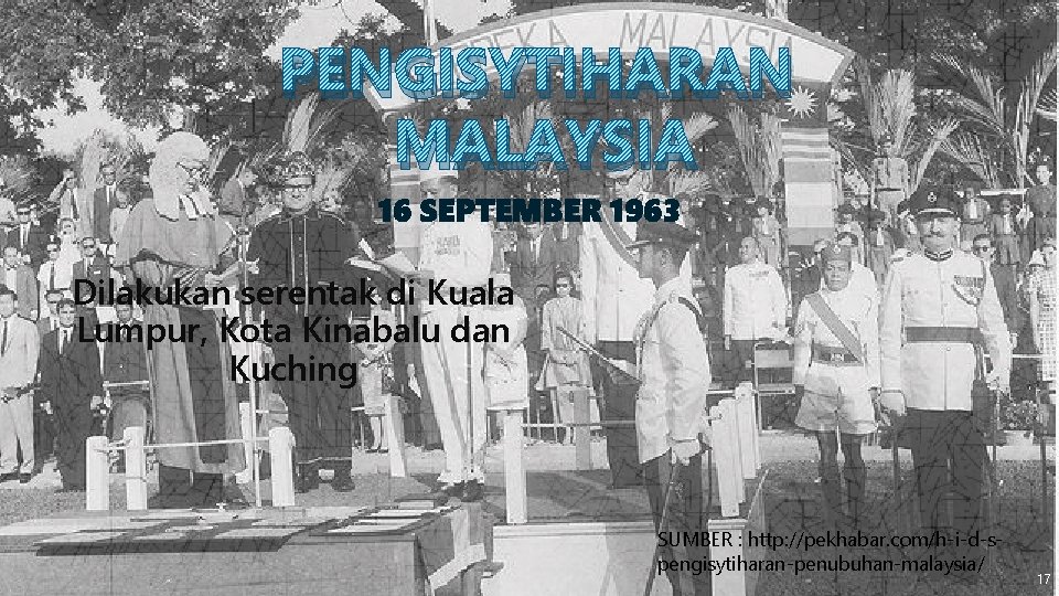 PENGISYTIHARAN MALAYSIA 16 SEPTEMBER 1963 Dilakukan serentak di Kuala Lumpur, Kota Kinabalu dan Kuching