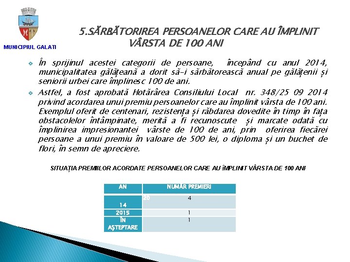 MUNICIPIUL GALATI v v 5. SĂRBĂTORIREA PERSOANELOR CARE AU ÎMPLINIT V RSTA DE 100