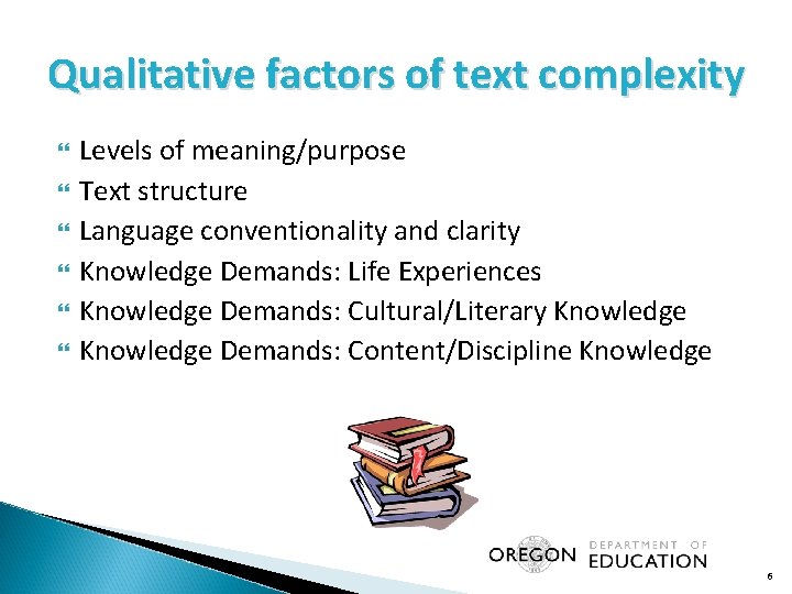 Qualitative factors of text complexity Levels of meaning/purpose Text structure Language conventionality and clarity