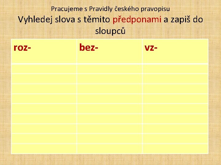 Pracujeme s Pravidly českého pravopisu Vyhledej slova s těmito předponami a zapiš do sloupců