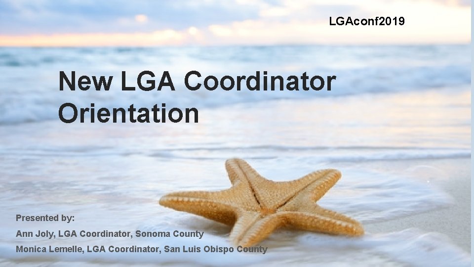 LGAconf 2019 New LGA Coordinator Orientation Presented by: Ann Joly, LGA Coordinator, Sonoma County