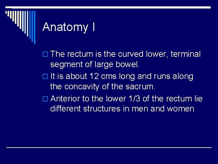 Anatomy I o The rectum is the curved lower, terminal segment of large bowel.