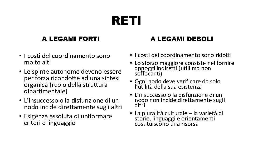 RETI A LEGAMI FORTI A LEGAMI DEBOLI • I costi del coordinamento sono molto