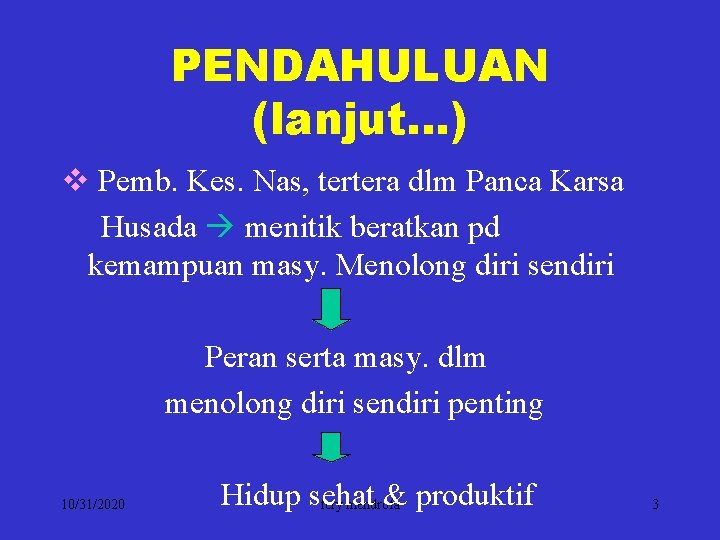 PENDAHULUAN (lanjut…) v Pemb. Kes. Nas, tertera dlm Panca Karsa Husada menitik beratkan pd