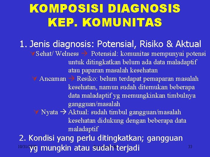 KOMPOSISI DIAGNOSIS KEP. KOMUNITAS 1. Jenis diagnosis: Potensial, Risiko & Aktual Sehat/ Welness Potensial: