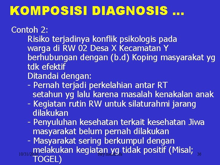 KOMPOSISI DIAGNOSIS … Contoh 2: Risiko terjadinya konflik psikologis pada warga di RW 02