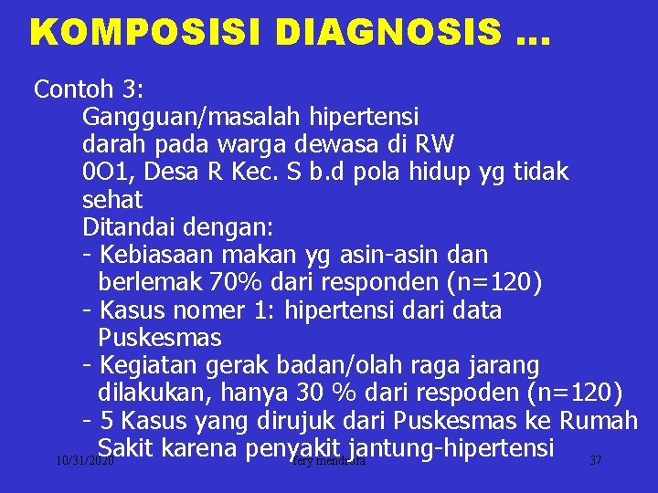 KOMPOSISI DIAGNOSIS … Contoh 3: Gangguan/masalah hipertensi darah pada warga dewasa di RW 0