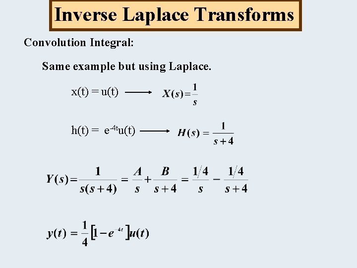 Inverse Laplace Transforms Convolution Integral: Same example but using Laplace. x(t) = u(t) h(t)