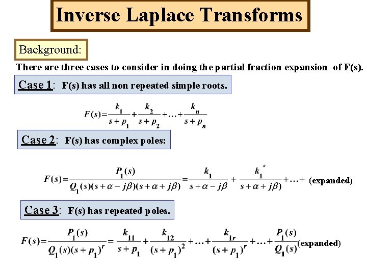 Inverse Laplace Transforms Background: There are three cases to consider in doing the partial
