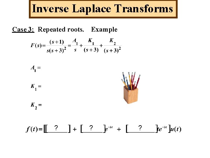 Inverse Laplace Transforms Case 3: Repeated roots. Example ? ? ? 