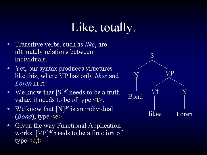 Like, totally. • Transitive verbs, such as like, are • • ultimately relations between