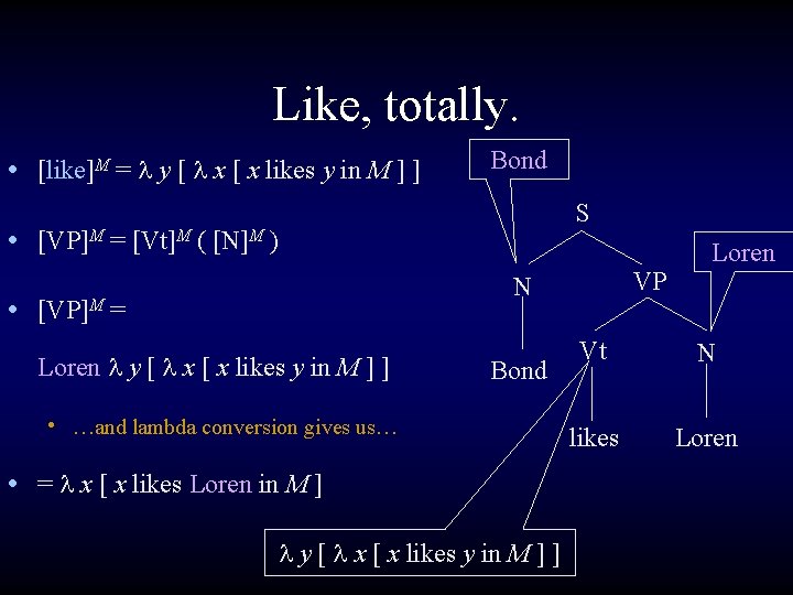Like, totally. • [like]M = y [ x [ x likes y in M