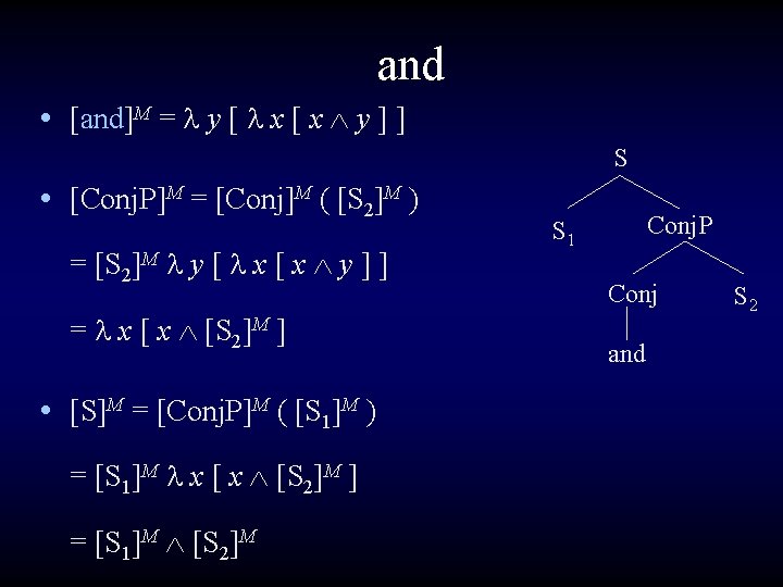 and • [and]M = y [ x [ x y ] ] S •