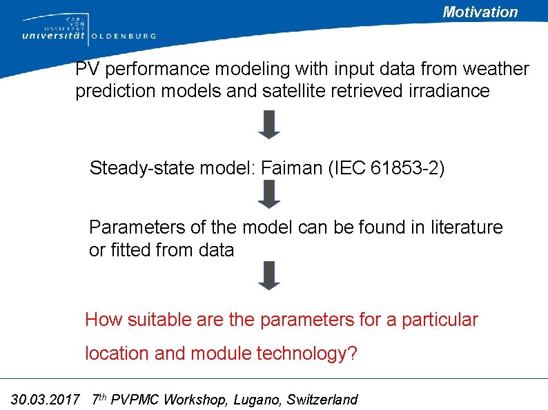 Motivation PV performance modeling with input data from weather prediction models and satellite retrieved