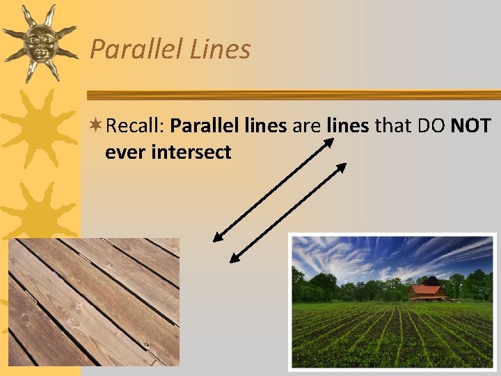 Parallel Lines ¬Recall: Parallel lines are lines that DO NOT ever intersect Parallel Lines ¬Recall: Parallel lines are lines that DO NOT ever intersect
