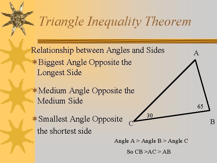 Triangle Inequality Theorem Relationship between Angles and Sides ¬Biggest Angle Opposite the Longest Side Triangle Inequality Theorem Relationship between Angles and Sides ¬Biggest Angle Opposite the Longest Side