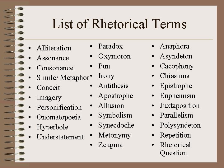 List of Rhetorical Terms • • • Alliteration • Assonance • Consonance Simile/ Metaphor