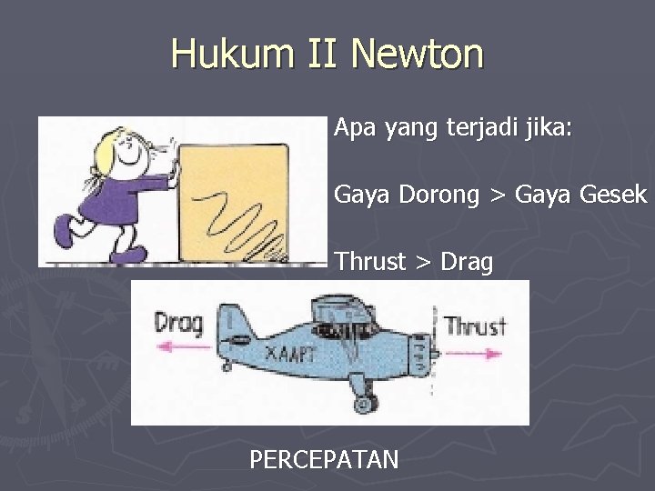 Hukum II Newton Apa yang terjadi jika: Gaya Dorong > Gaya Gesek Thrust >