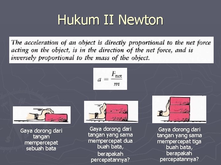 Hukum II Newton Gaya dorong dari tangan mempercepat sebuah bata Gaya dorong dari tangan