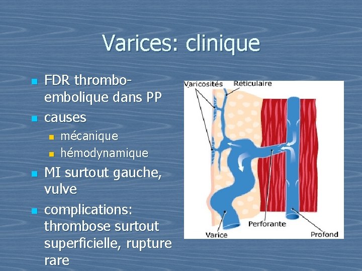 Varices: clinique n n FDR thromboembolique dans PP causes n n mécanique hémodynamique MI