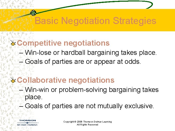 Basic Negotiation Strategies Competitive negotiations – Win-lose or hardball bargaining takes place. – Goals