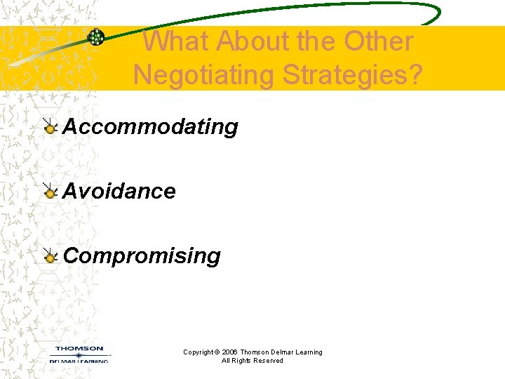 What About the Other Negotiating Strategies? Accommodating Avoidance Compromising Copyright © 2006 Thomson Delmar
