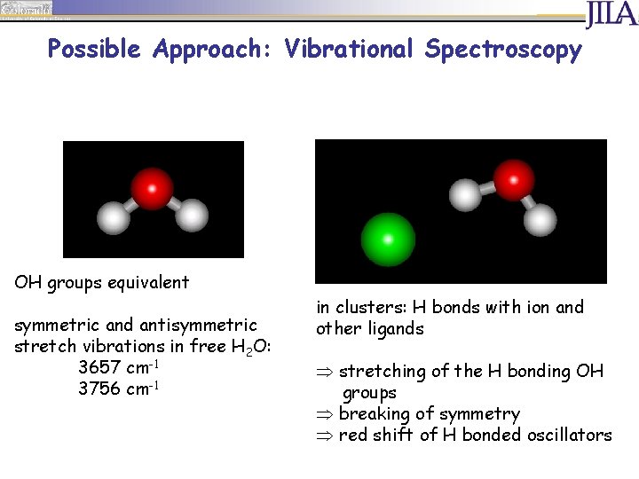 Possible Approach: Vibrational Spectroscopy OH groups equivalent symmetric and antisymmetric stretch vibrations in free