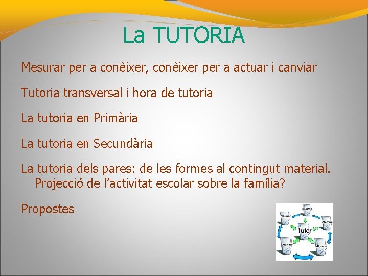 La TUTORIA Mesurar per a conèixer, conèixer per a actuar i canviar Tutoria transversal