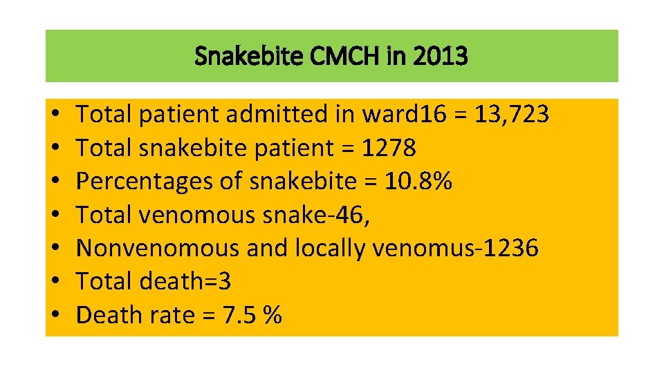 Snakebite CMCH in 2013 • • Total patient admitted in ward 16 = 13,