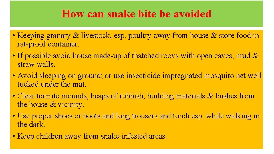 How can snake bite be avoided • Keeping granary & livestock, esp. poultry away