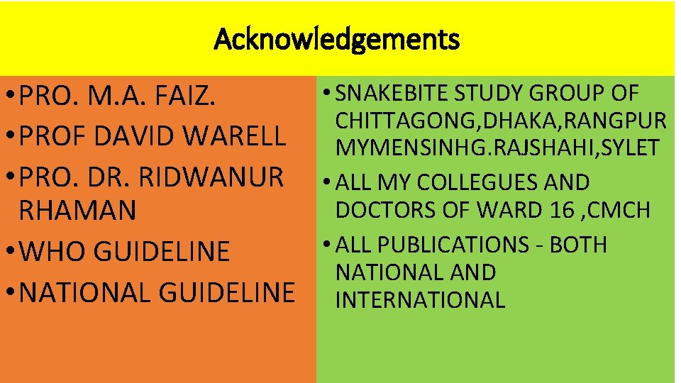 Acknowledgements • SNAKEBITE STUDY GROUP OF • PRO. M. A. FAIZ. CHITTAGONG, DHAKA, RANGPUR