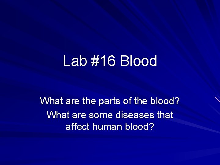 Lab #16 Blood What are the parts of the blood? What are some diseases