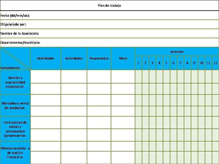 Plan de trabajo Fecha (dd/mm/aa): Diligenciado por: Nombre de la Asociación: Departamento/municipio: semanas Debilidades