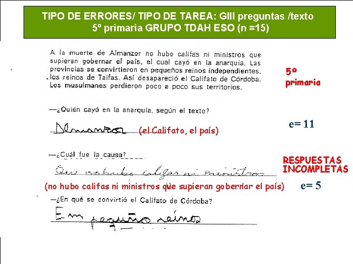 TIPO DE ERRORES/ TIPO DE TAREA: GIII preguntas /texto 5º primaria GRUPO TDAH ESO