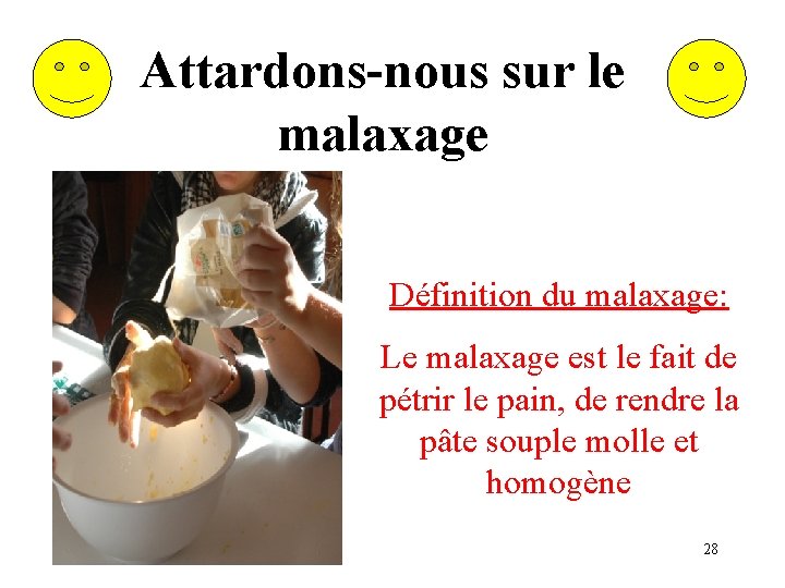 Attardons-nous sur le malaxage Définition du malaxage: Le malaxage est le fait de pétrir