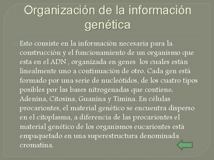 Organización de la información genética � Esto consiste en la información necesaria para la