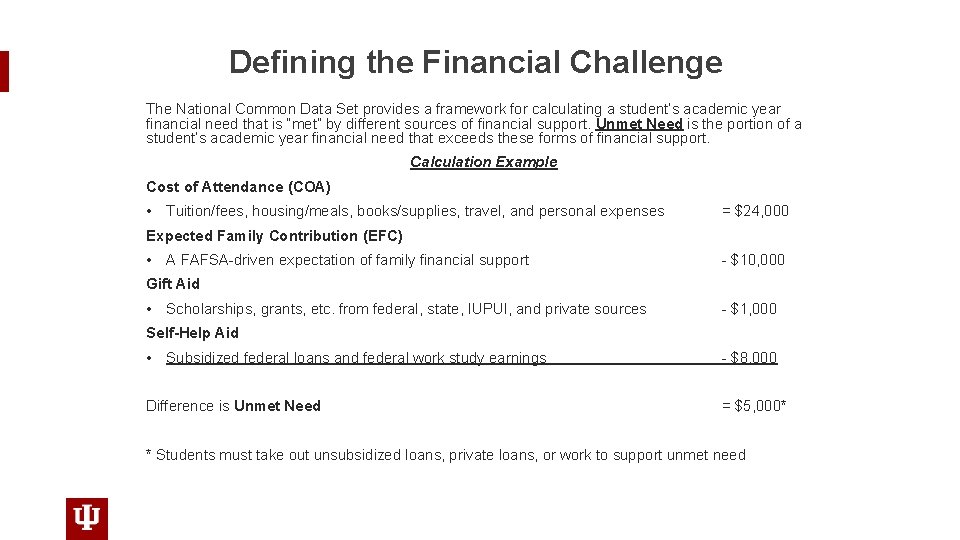 Defining the Financial Challenge The National Common Data Set provides a framework for calculating