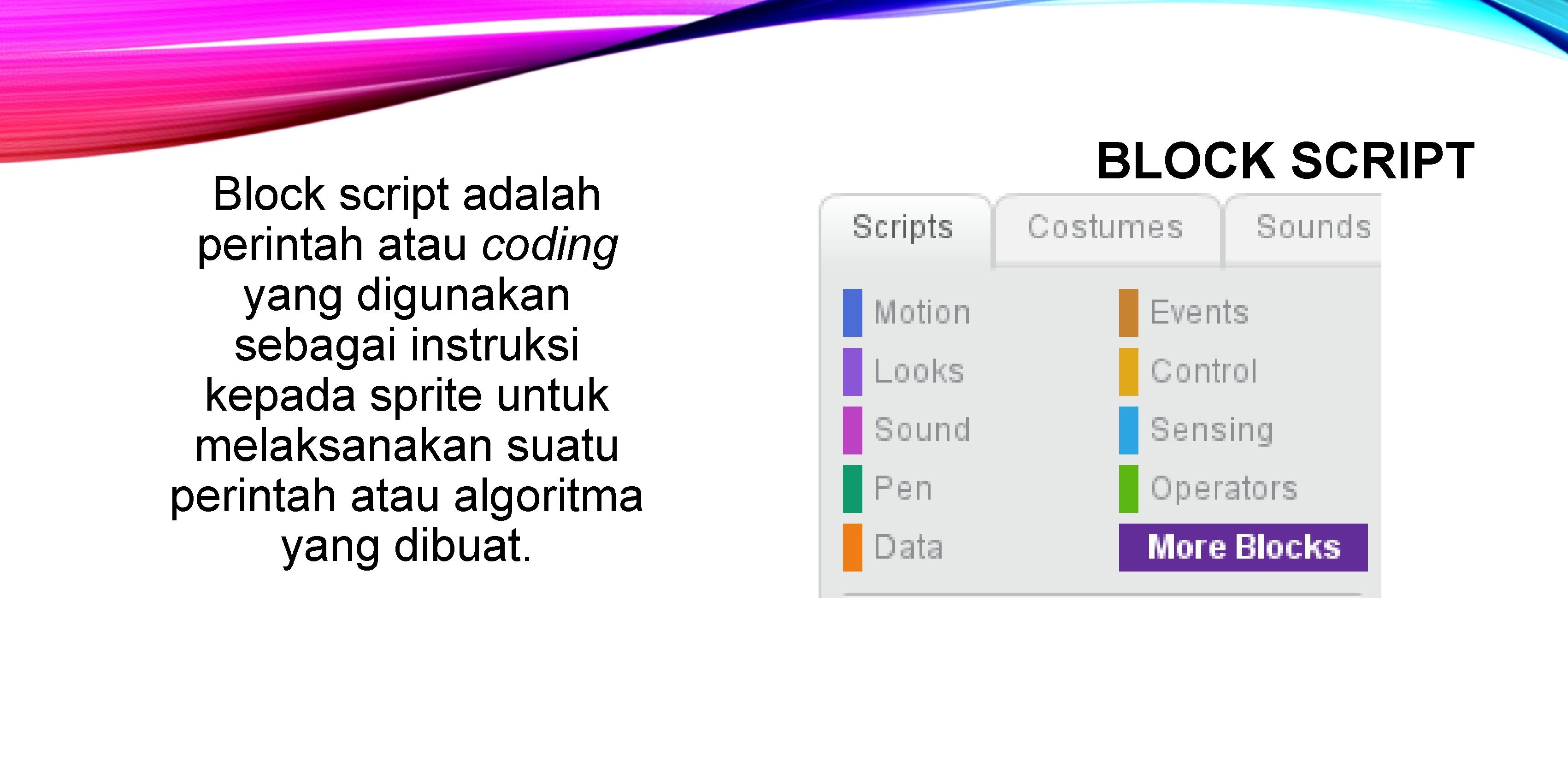 Block script adalah perintah atau coding yang digunakan sebagai instruksi kepada sprite untuk melaksanakan