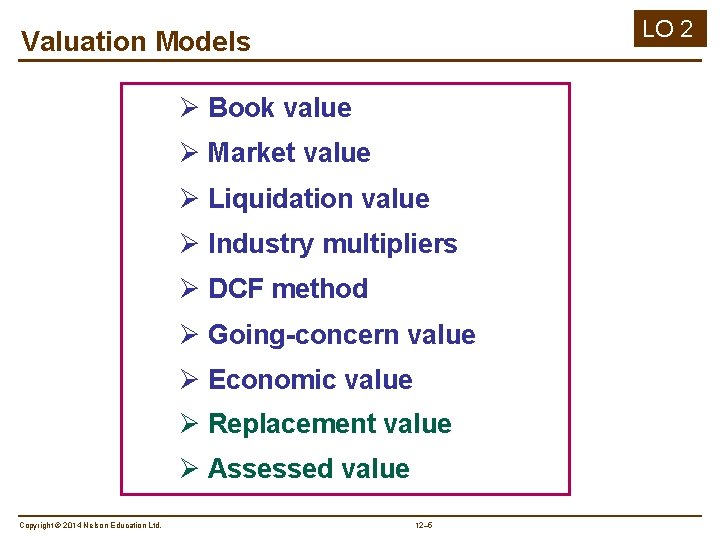 LO 2 Valuation Models Ø Book value Ø Market value Ø Liquidation value Ø