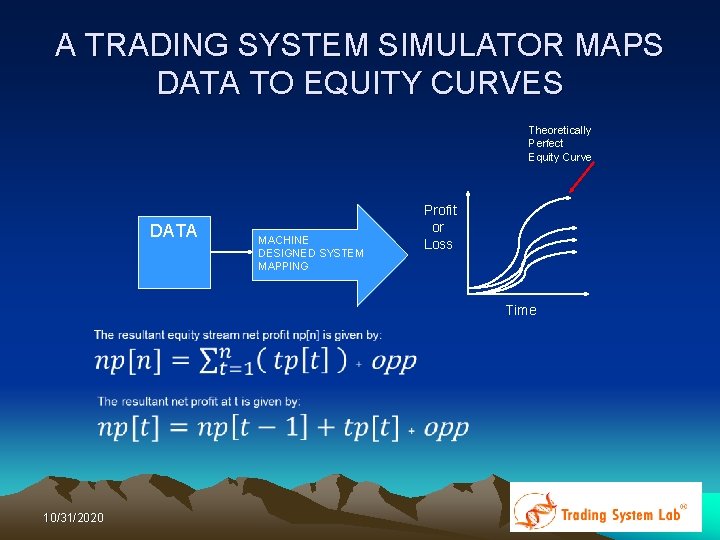 A TRADING SYSTEM SIMULATOR MAPS DATA TO EQUITY CURVES Theoretically Perfect Equity Curve DATA A TRADING SYSTEM SIMULATOR MAPS DATA TO EQUITY CURVES Theoretically Perfect Equity Curve DATA