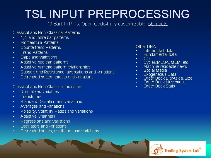 TSL INPUT PREPROCESSING 10 Built In PP’s. Open Code-Fully customizable. 56 Inputs Classical and TSL INPUT PREPROCESSING 10 Built In PP’s. Open Code-Fully customizable. 56 Inputs Classical and
