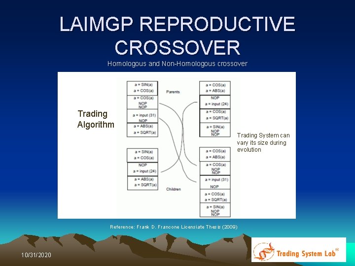 LAIMGP REPRODUCTIVE CROSSOVER Homologous and Non-Homologous crossover Trading Algorithm Trading System can vary its LAIMGP REPRODUCTIVE CROSSOVER Homologous and Non-Homologous crossover Trading Algorithm Trading System can vary its