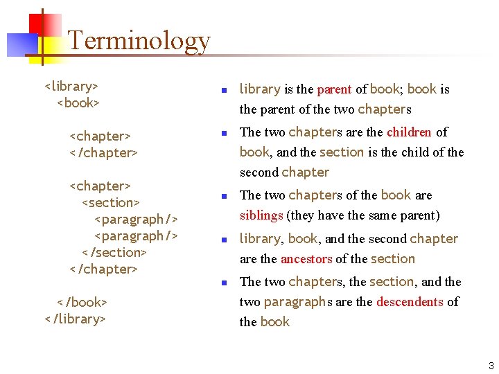 Terminology <library> <book> <chapter> </chapter> <section> <paragraph/> </section> </chapter> n n n </book> </library>