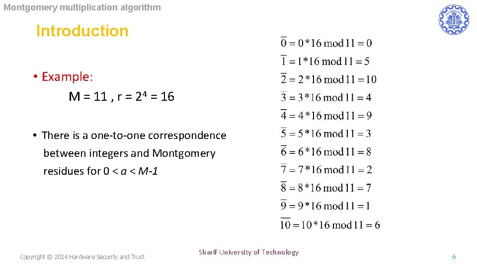 Montgomery multiplication algorithm Introduction • Example: M = 11 , r = 24 =