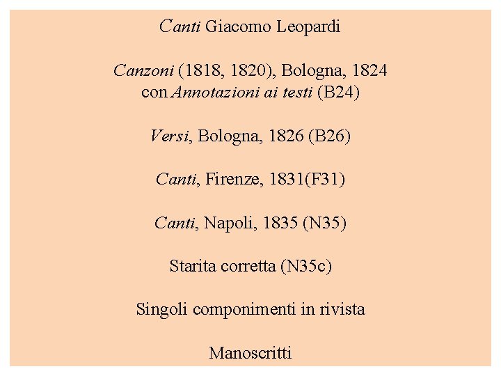 Canti Giacomo Leopardi Canzoni (1818, 1820), Bologna, 1824 con Annotazioni ai testi (B 24)