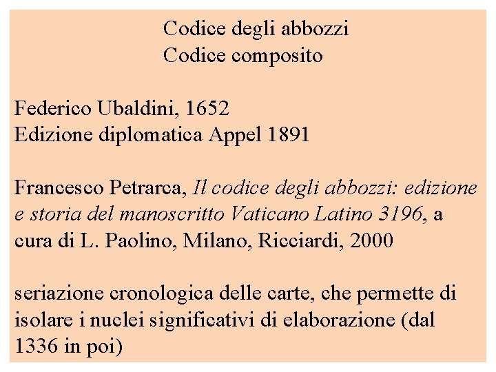 Codice degli abbozzi Codice composito Federico Ubaldini, 1652 Edizione diplomatica Appel 1891 Francesco Petrarca,