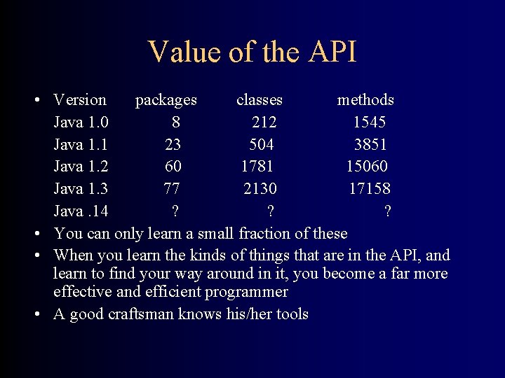 Value of the API • Version packages classes methods Java 1. 0 8 212